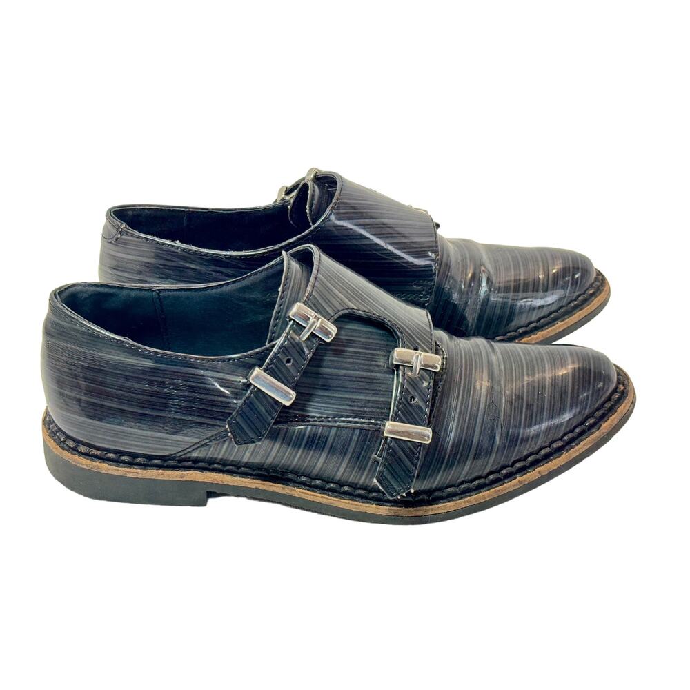 Miista Double Buckle Loafer Womens 36 / 5.5 US Black Gray Striped Patent Leather
